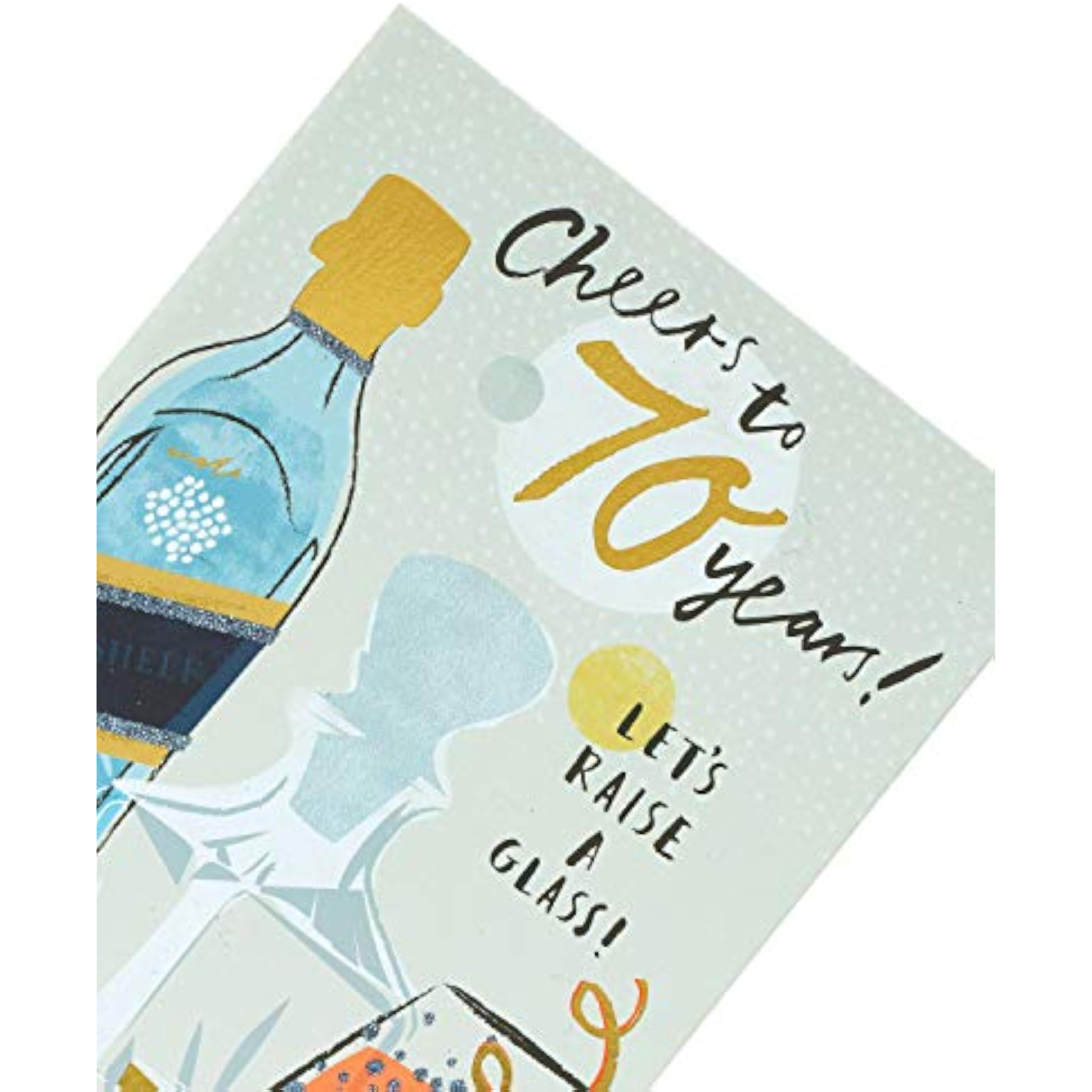 UK Greetings Cheers to 70 Years greeting card featuring a celebratory design with a glass raising motif.