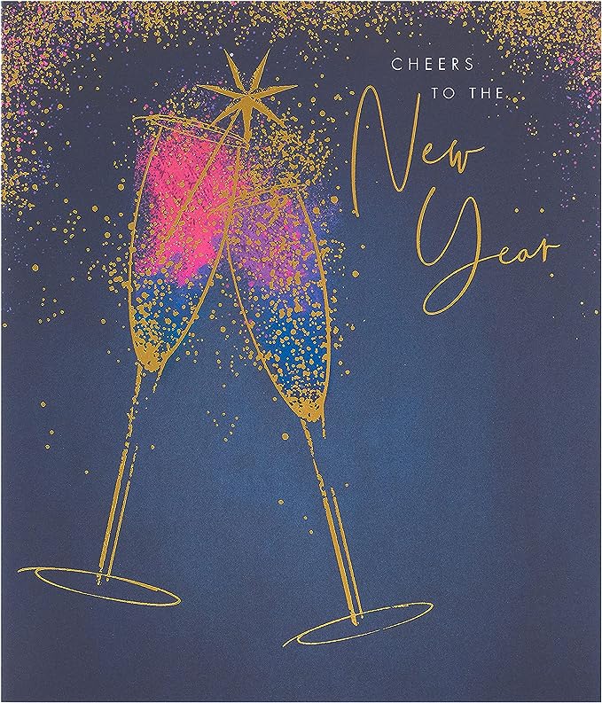 UK Greetings Champagne Design New Year Greeting Card featuring festive champagne glasses and celebratory text.
