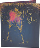 UK Greetings Cheers to the New Year greeting card featuring a champagne design, perfect for celebrating with friends and family.