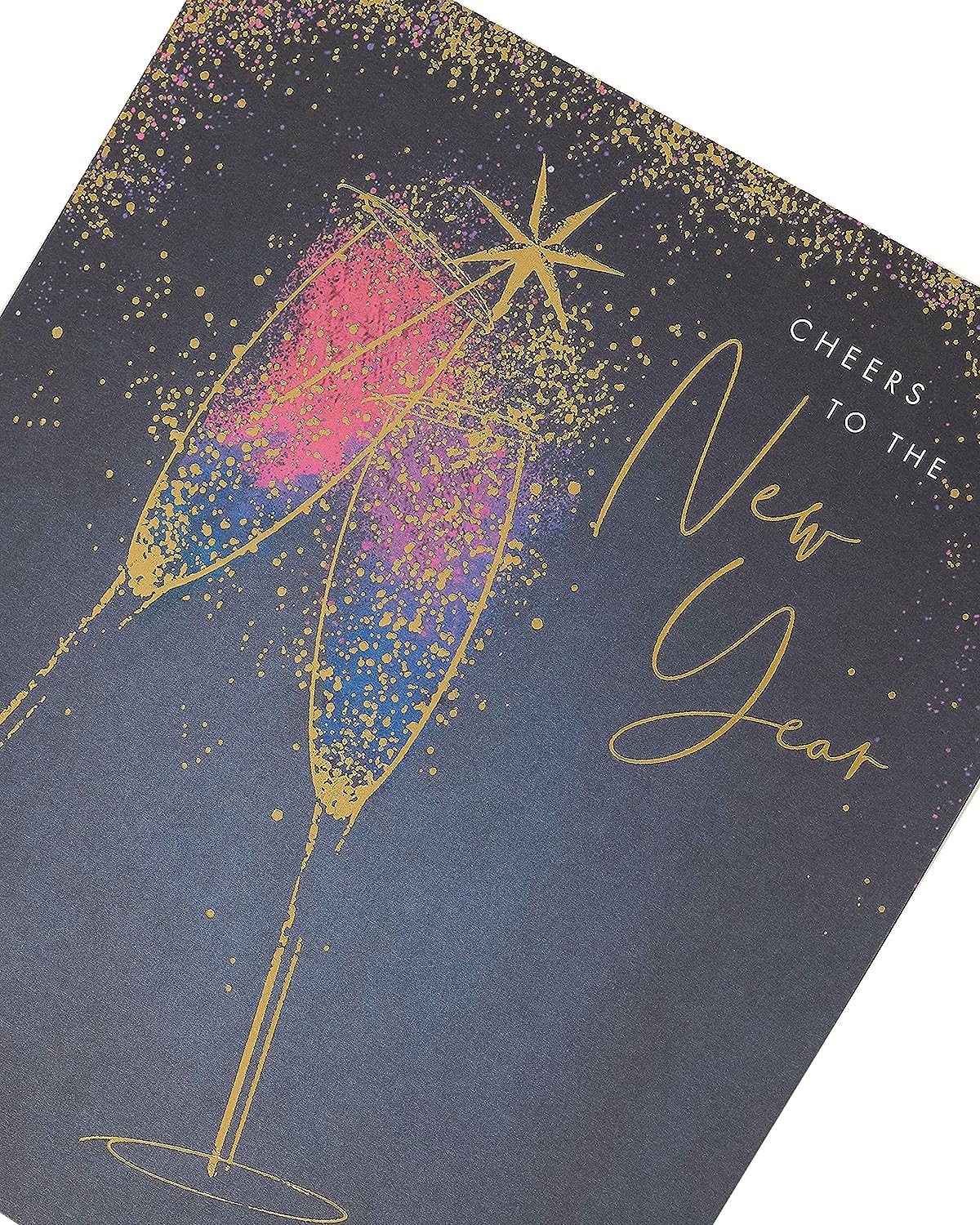 UK Greetings Cheers to the New Year greeting card featuring a champagne design, ideal for celebrating the occasion.