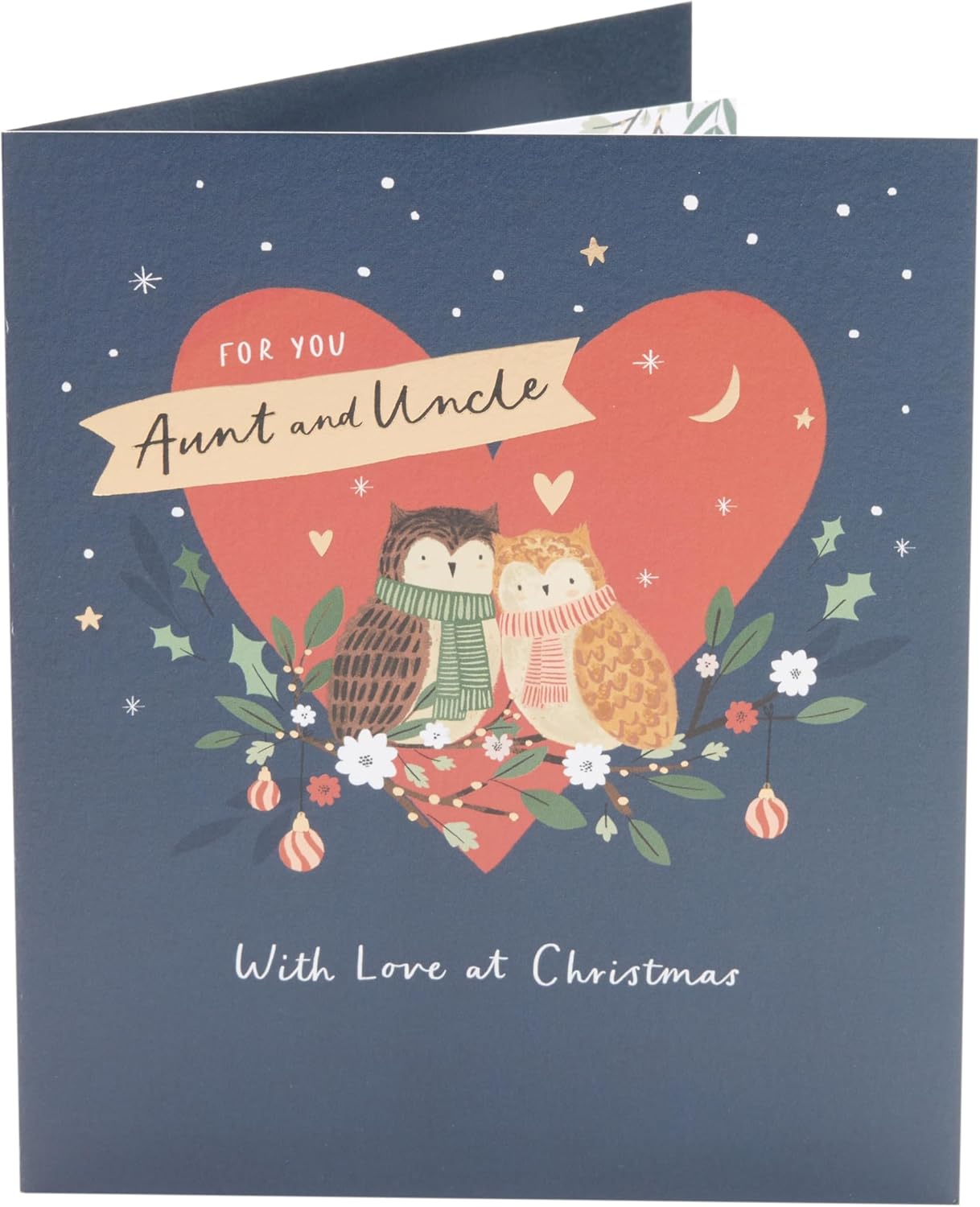 UK Greetings Christmas card for aunt and uncle featuring festive owls design, with colorful holiday imagery on the front.