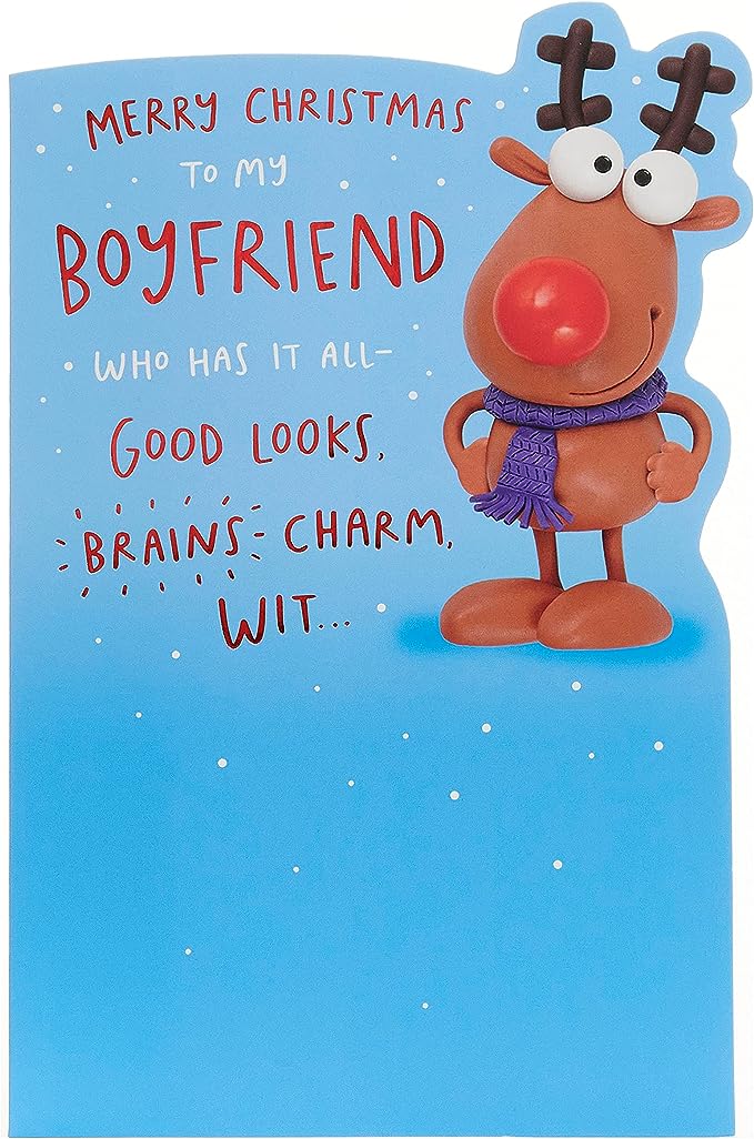 UK Greetings Christmas card for boyfriend featuring a funny reindeer design, perfect for holiday greetings and festive cheer.