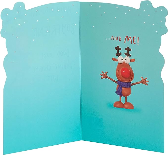 Funny reindeer Christmas card for boyfriend by UK Greetings, featuring festive holiday design and humorous message.