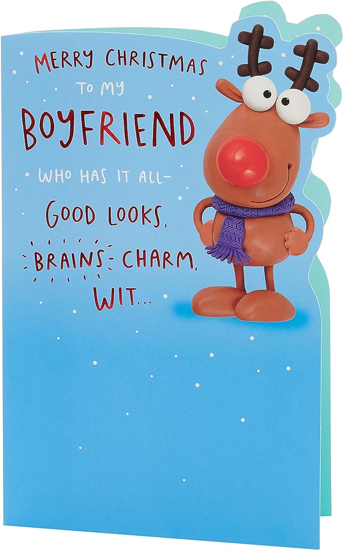 UK Greetings Christmas card for boyfriend featuring a funny reindeer design, perfect for holiday greeting occasions.