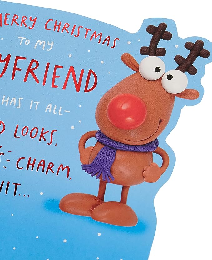 Funny reindeer Christmas card from UK Greetings for boyfriend, featuring festive holiday design and humorous holiday message.