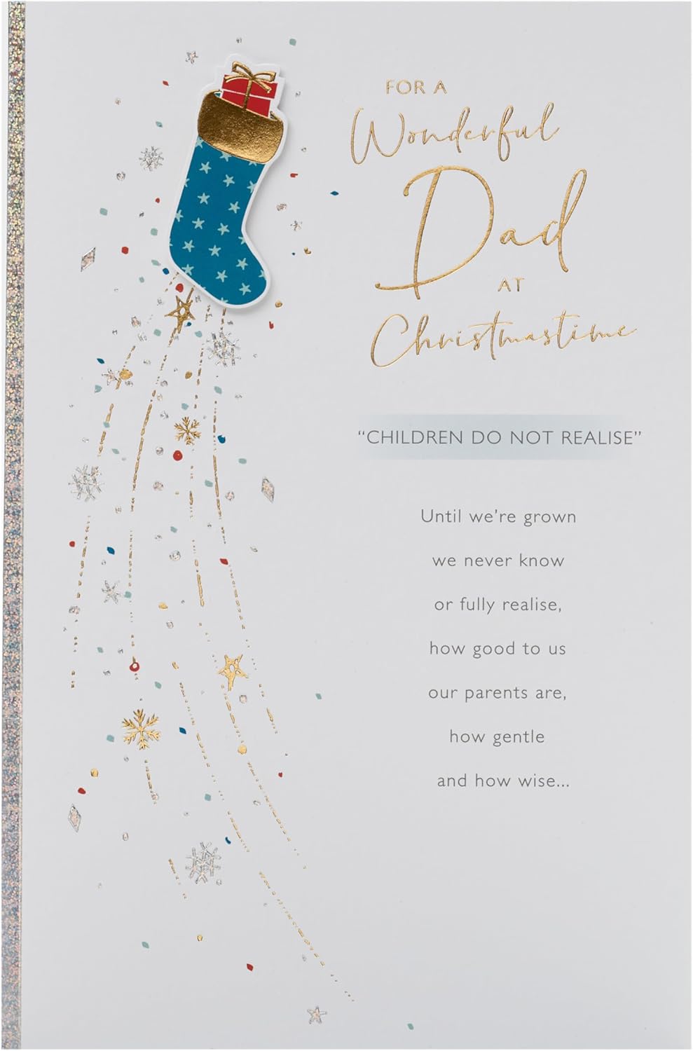 UK Greetings Christmas card for Dad featuring a blue stocking design, perfect for celebrating the holiday season.