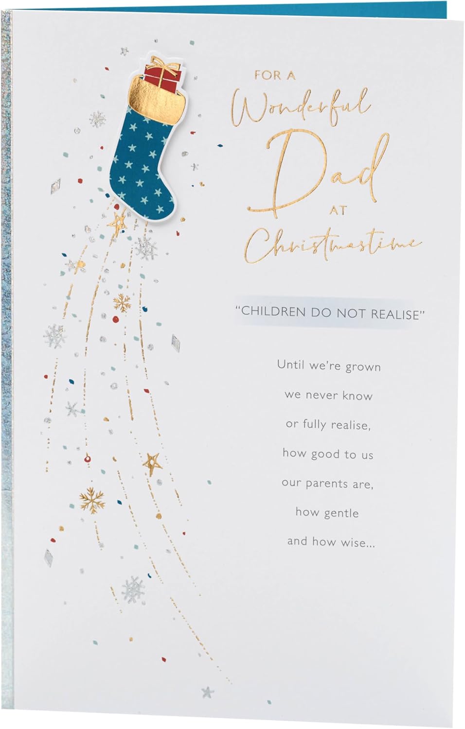 UK Greetings Christmas card for Dad featuring a blue stocking design, festive greeting card for special occasions.