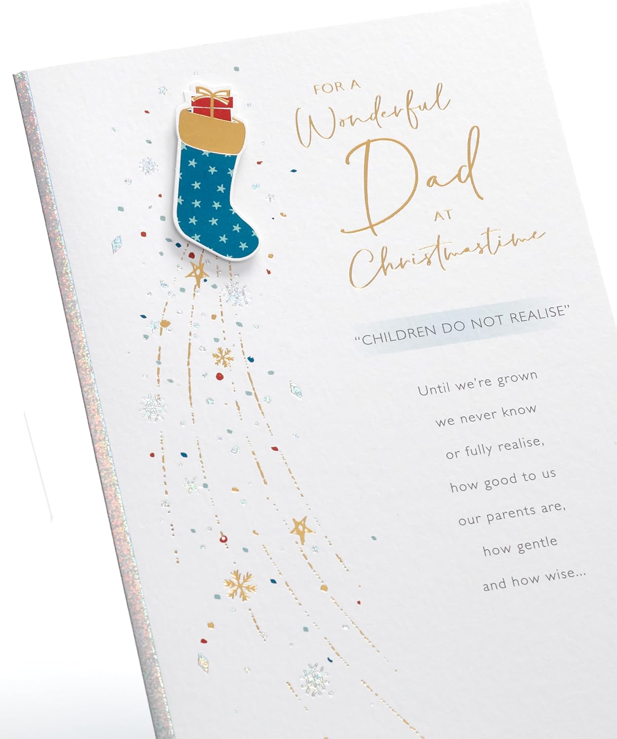 UK Greetings Christmas Card for Dad featuring a blue stocking design, perfect for holiday greetings and seasonal celebrations.