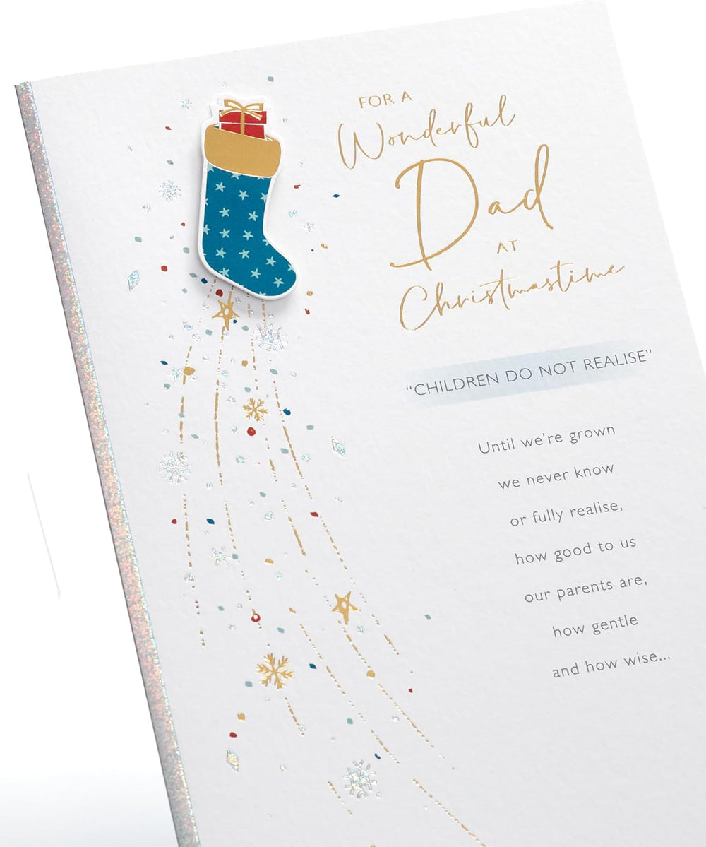 UK Greetings Christmas Card for Dad featuring a blue stocking design, perfect for holiday greetings and seasonal celebrations.