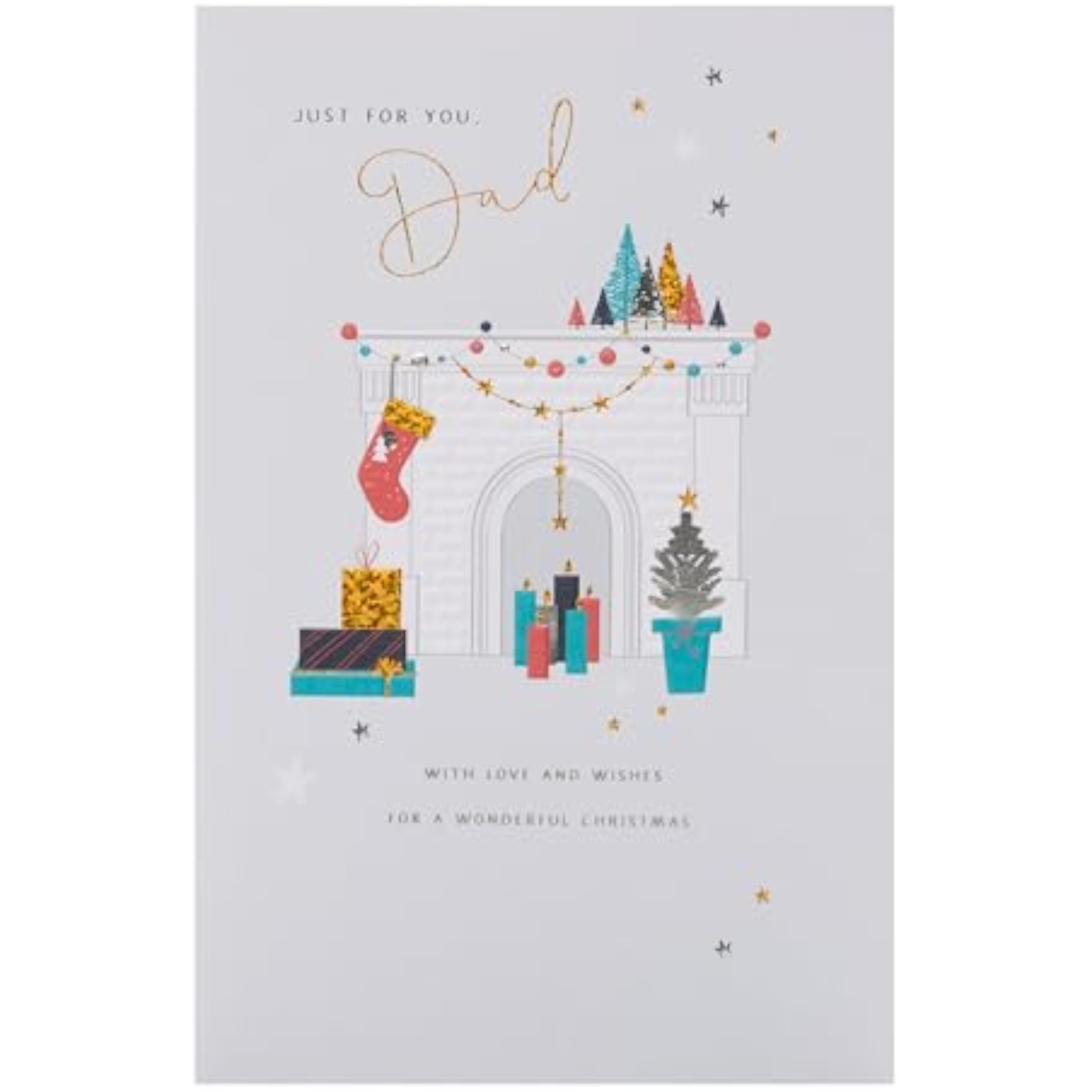 UK Greetings Christmas Card for Dad featuring a decorated fireplace design, colorful holiday scene, 149x229 mm greeting card.