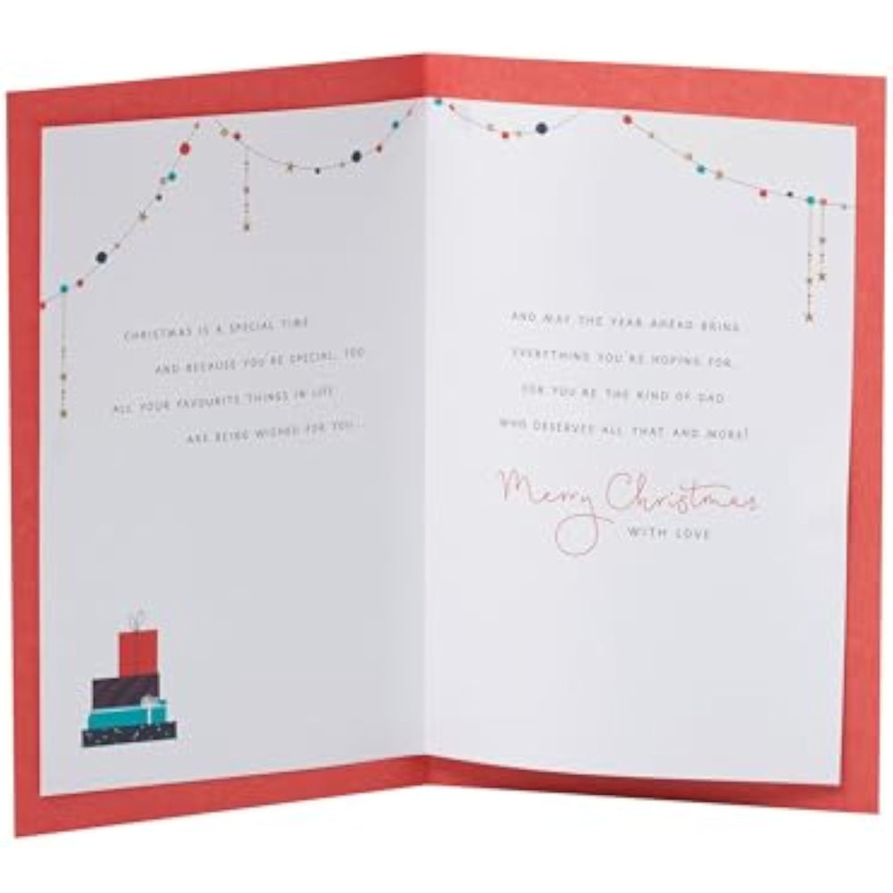 UK Greetings Christmas card for Dad featuring a decorated fireplace design, colorful festive scene, measuring 149x229 mm.