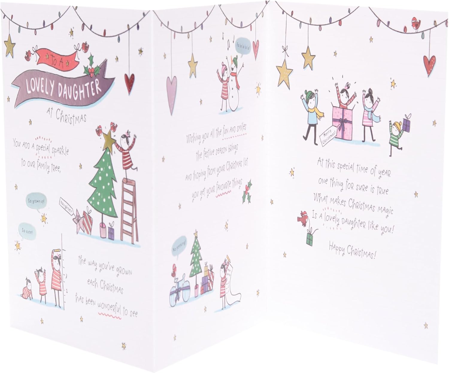 UK Greetings Christmas card for daughter featuring a heartfelt doodle design with festive holiday motifs.