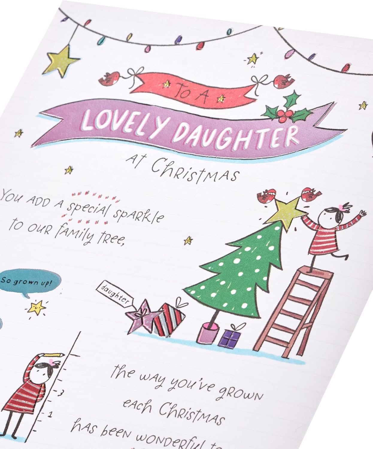 UK Greetings Christmas card for daughter featuring a heartfelt doodle design, perfect for celebrating the holiday season.