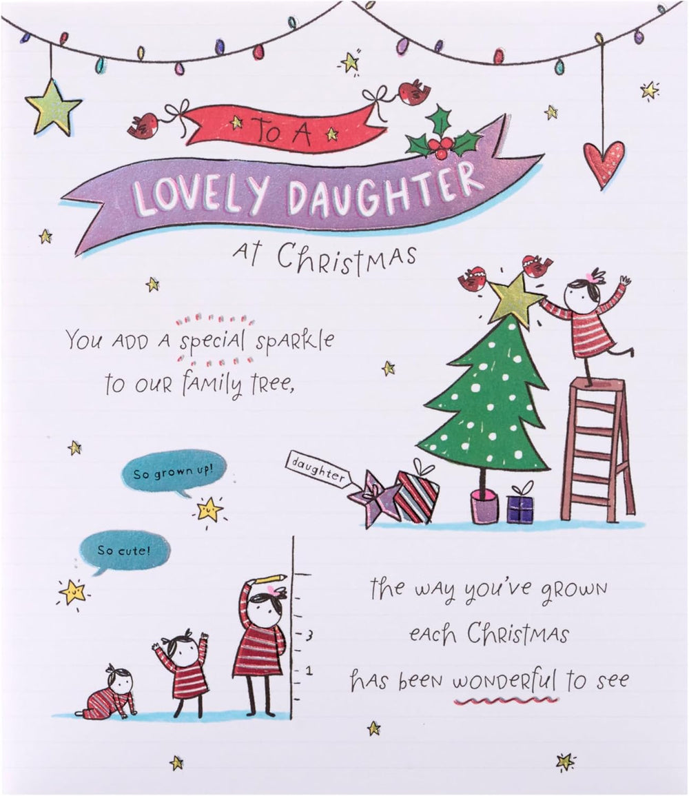 UK Greetings Christmas card for daughter featuring a heartfelt doodle design, colorful and festive greeting card image