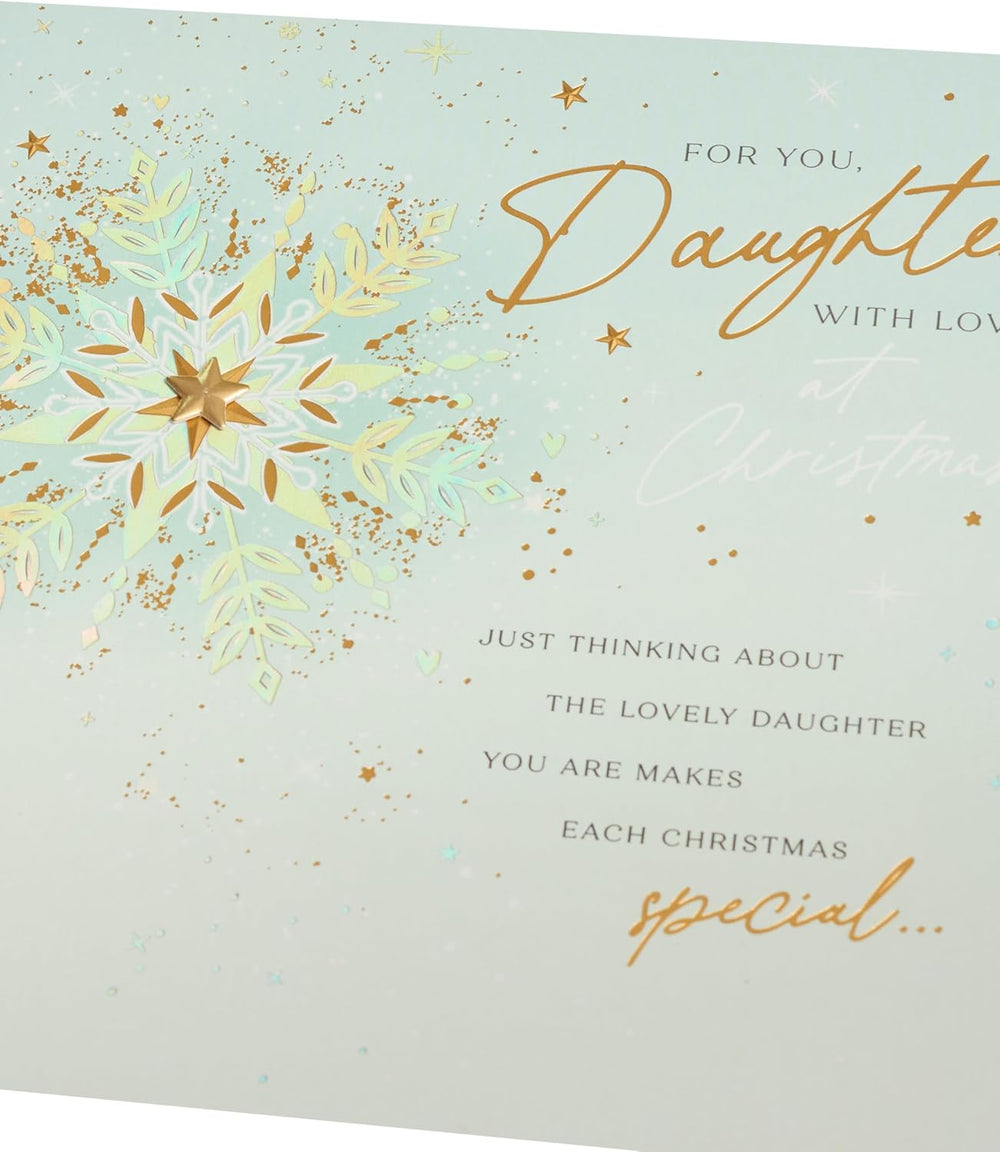 UK Greetings Christmas card for daughter featuring a snowflakes design, festive greeting card with winter-themed illustrations.