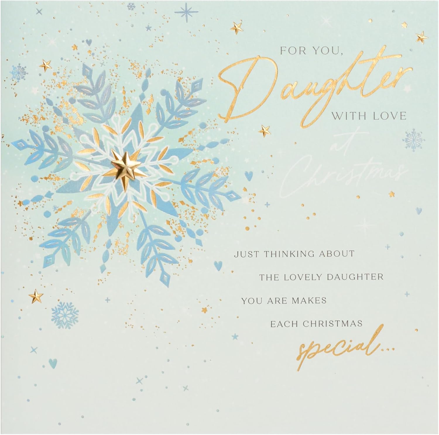UK Greetings Christmas card for daughter with snowflake design, featuring festive holiday imagery and cheerful lettering.