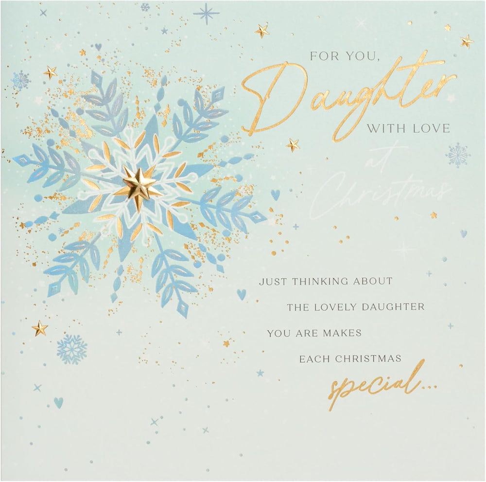 UK Greetings Christmas card for daughter with snowflake design, featuring festive holiday imagery and cheerful lettering.