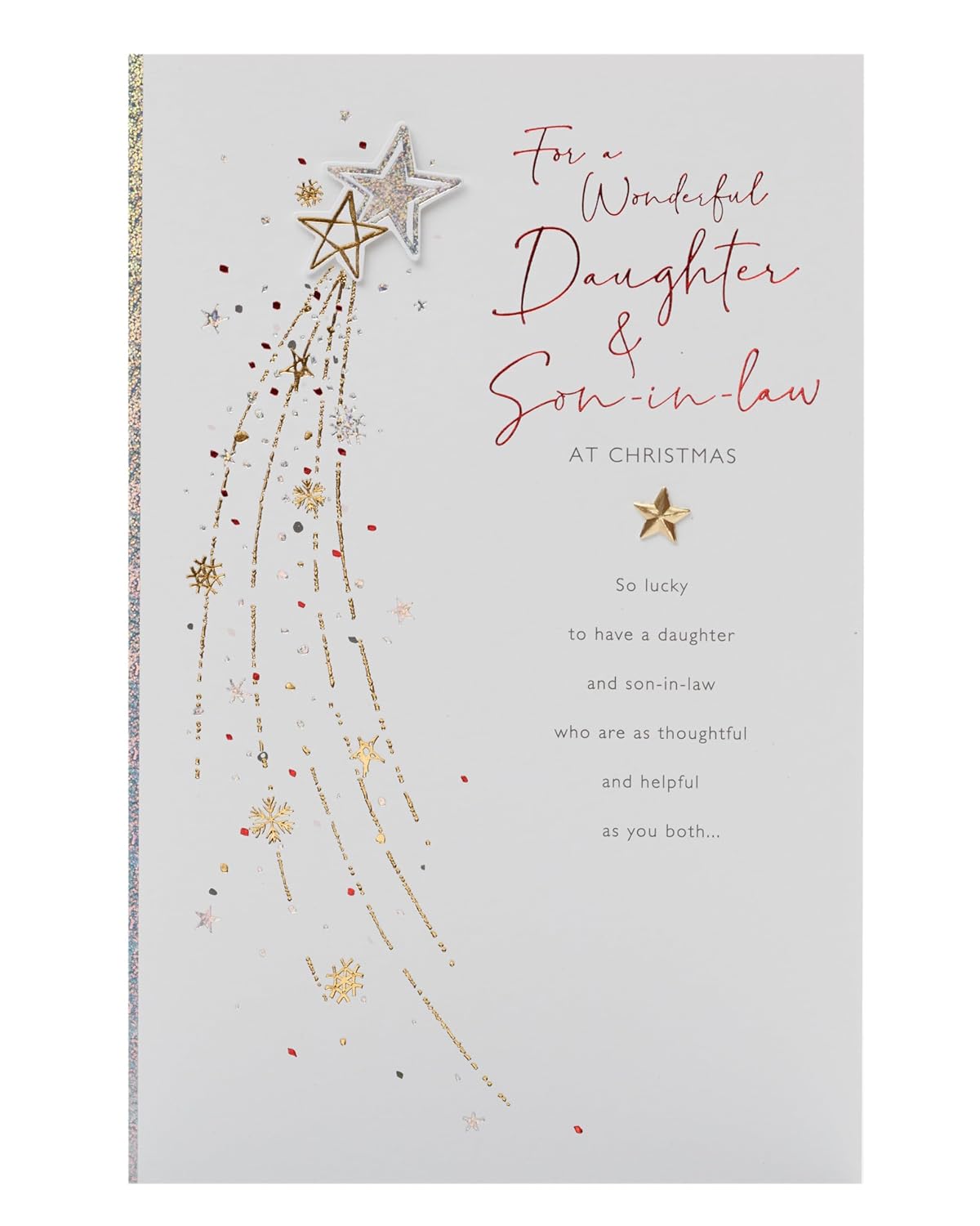 UK Greetings Christmas card for daughter and son-in-law featuring a shooting star design, with festive holiday imagery.