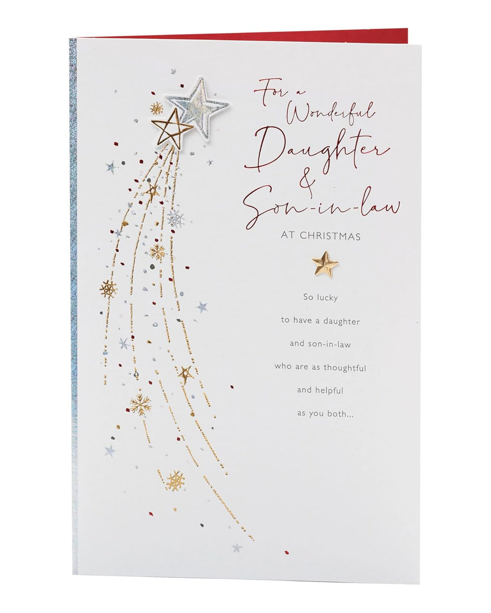 UK Greetings Christmas card for daughter and son-in-law featuring a shooting star design, with festive holiday imagery.