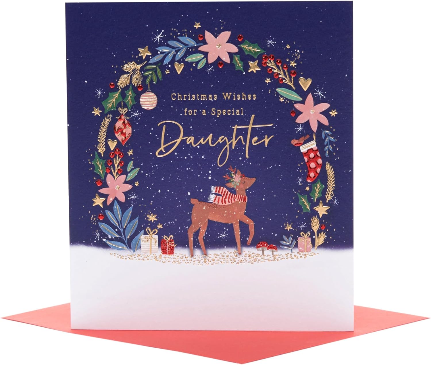 UK Greetings Christmas card for daughter featuring a cute reindeer design, ideal for festive holiday greetings.