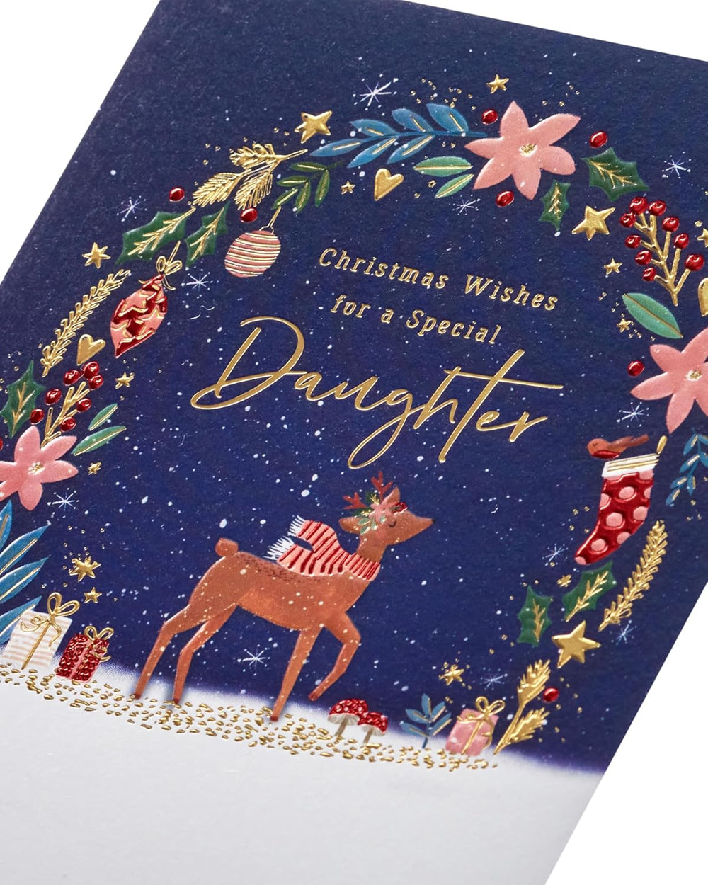 UK Greetings Christmas card for daughter featuring a cute reindeer design, perfect for festive holiday greetings.