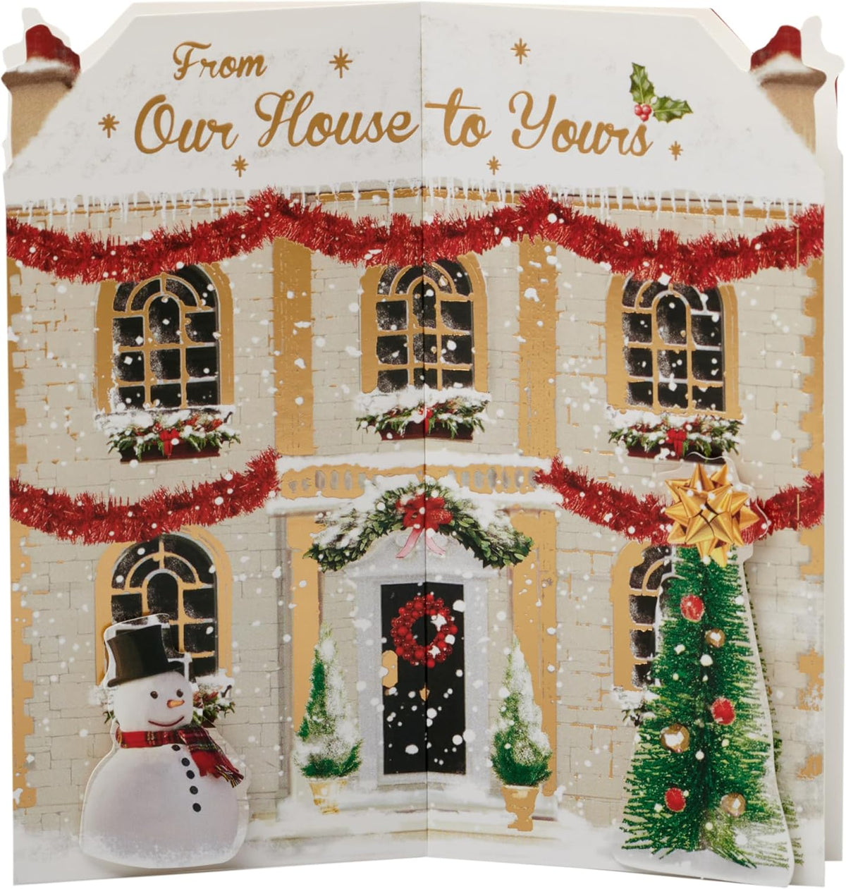 UK Greetings Christmas card for family featuring a festive house-shaped design, perfect for holiday greeting cards.