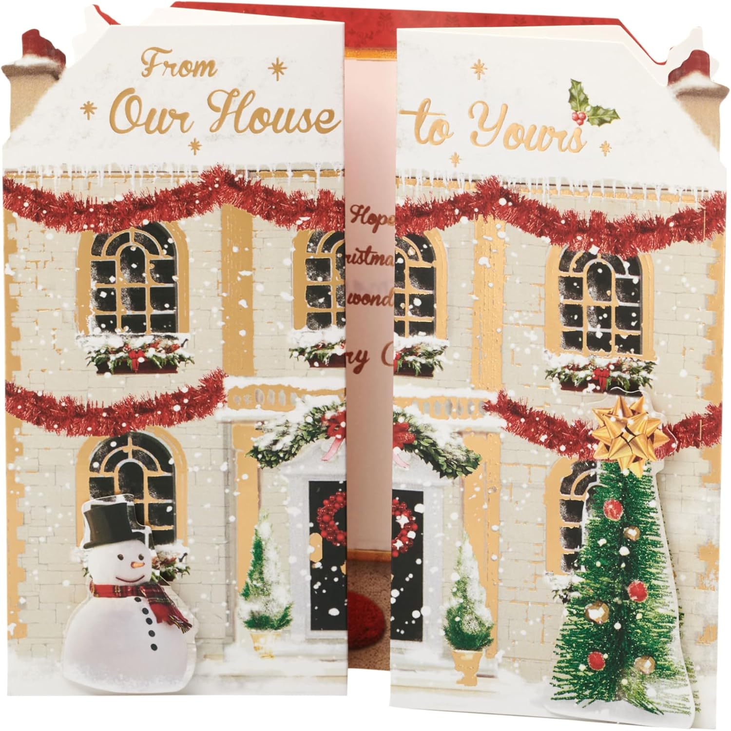 UK Greetings Christmas card for family featuring a festive house-shaped design, holiday greeting card for loved ones.