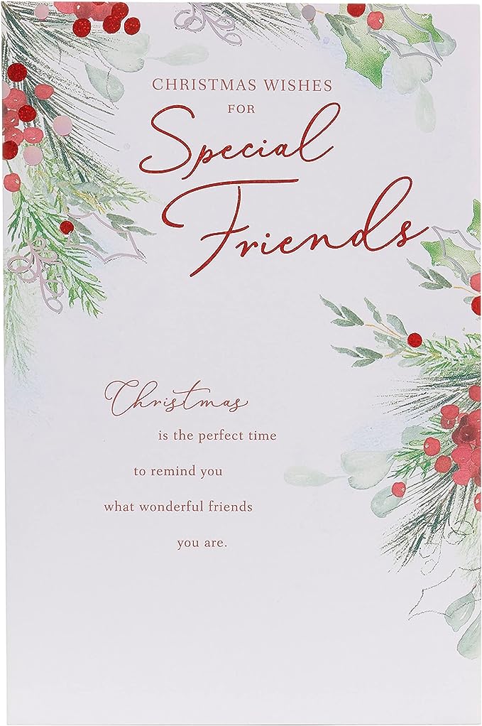 UK Greetings Christmas card for friend featuring mistletoe and verse design, with festive holiday imagery.