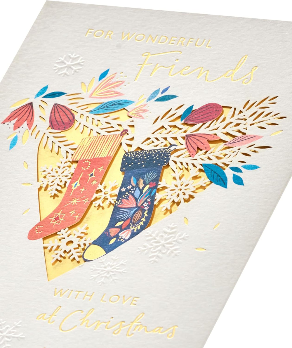 UK Greetings Christmas card for friends featuring stockings and a heart design, festive greeting card for the holiday season