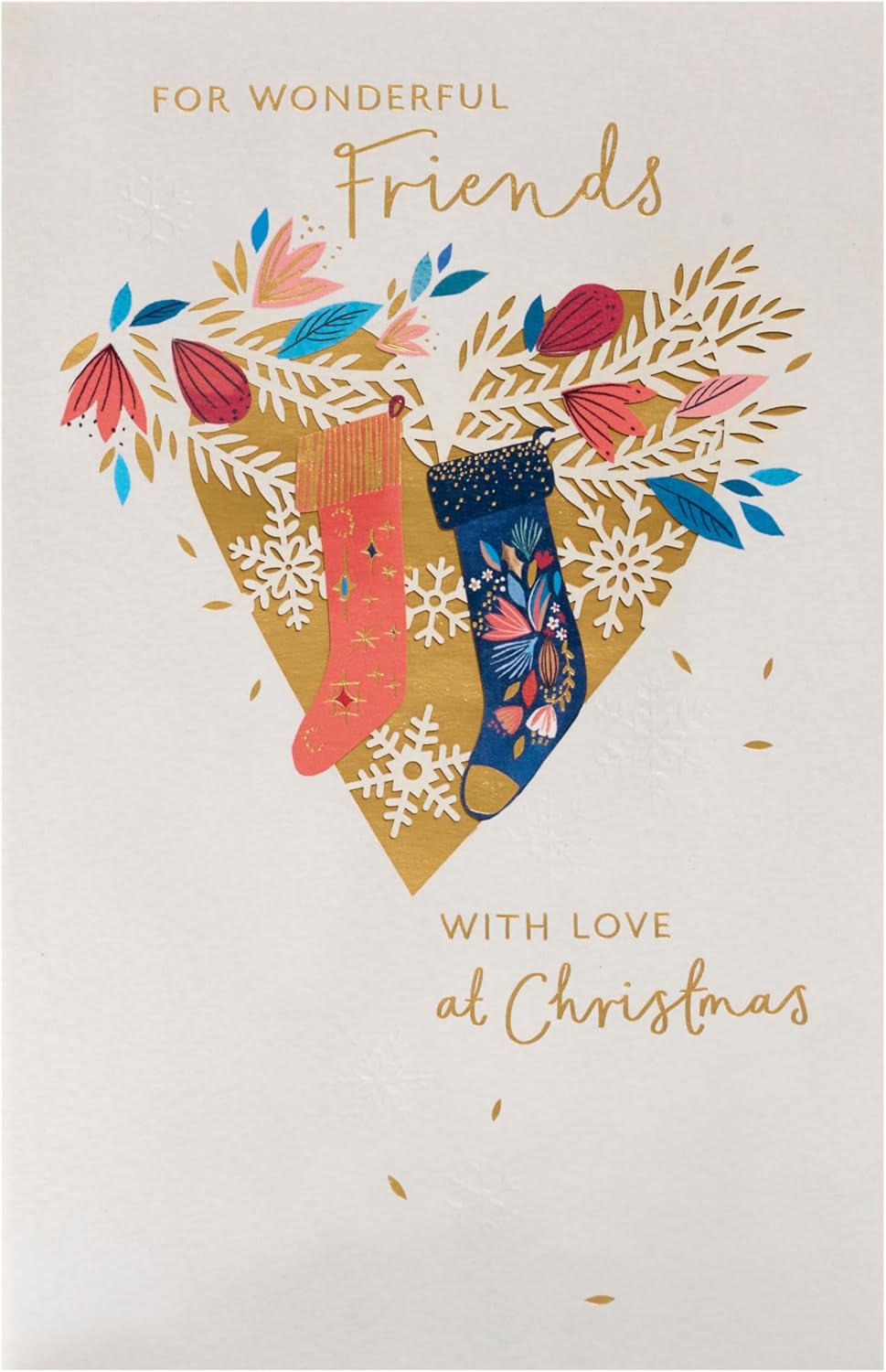 UK Greetings Christmas card for friends featuring stockings and heart design, festive greeting card with holiday theme