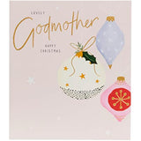 UK Greetings Christmas card for godmother featuring colorful baubles design, perfect for holiday greetings and special occasions.