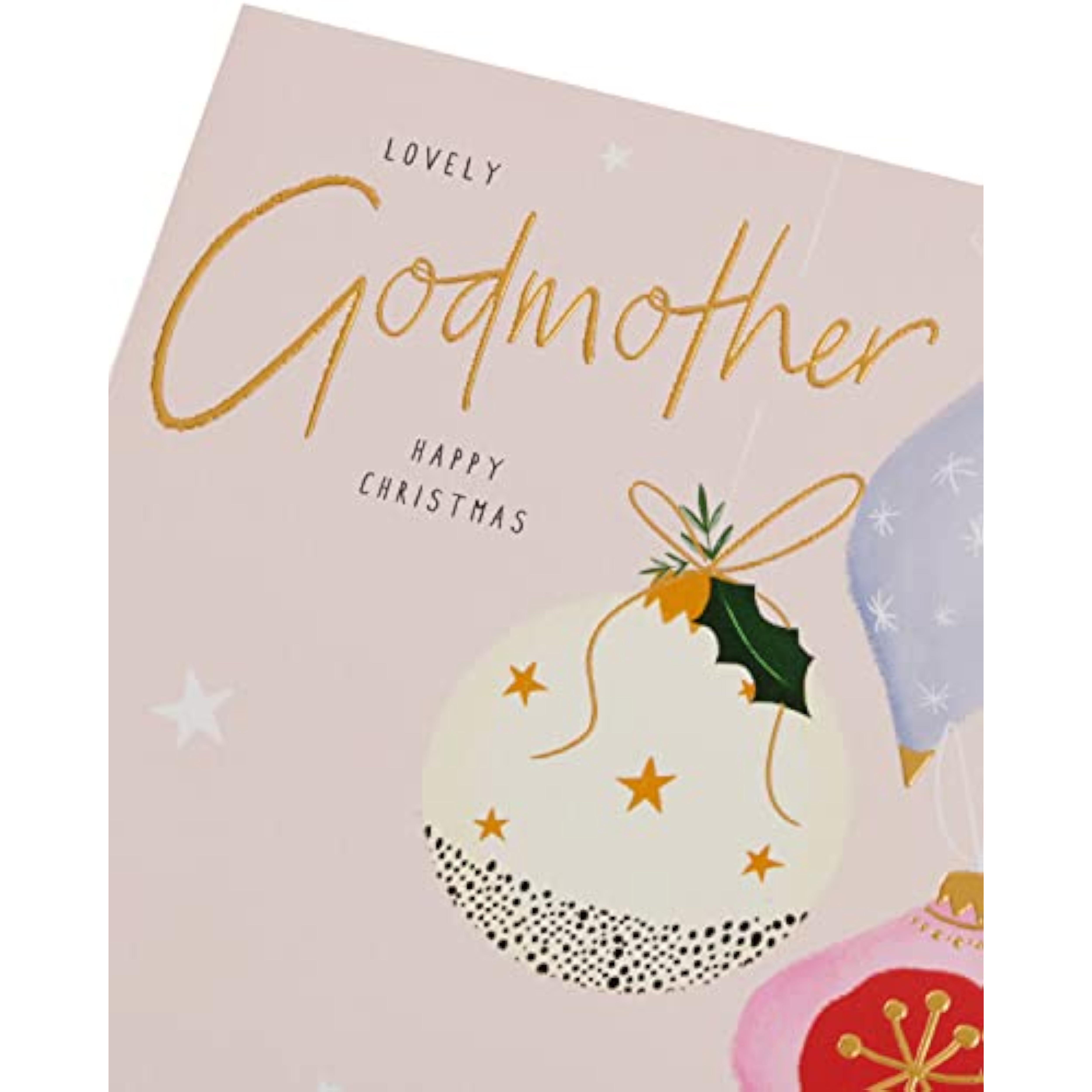 UK Greetings Christmas card for Godmother featuring a colorful baubles design, perfect for holiday greetings.