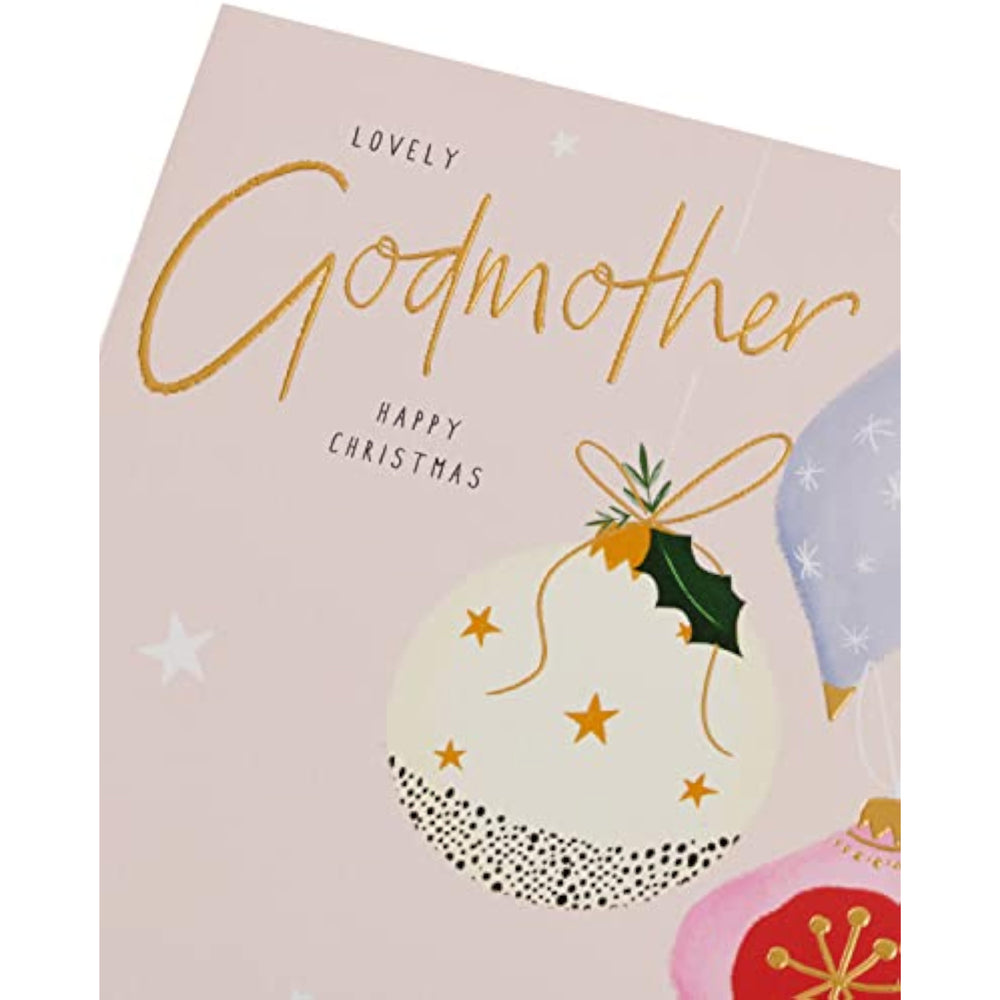 UK Greetings Christmas card for Godmother featuring a colorful baubles design, perfect for holiday greetings.
