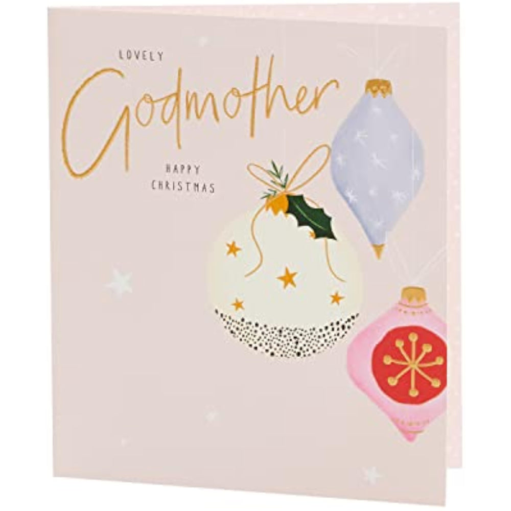 UK Greetings Christmas card for godmother featuring a festive baubles design, with colorful holiday-themed decorations.