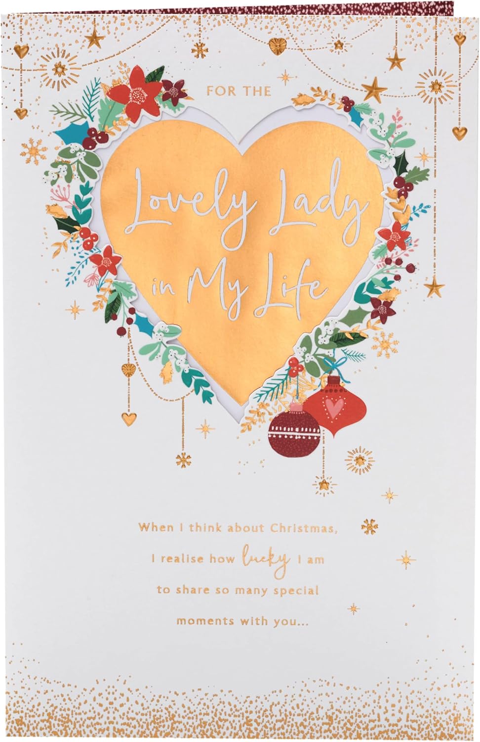 UK Greetings Christmas card for her with a gold heart design, featuring festive greeting card imagery for the holiday season.