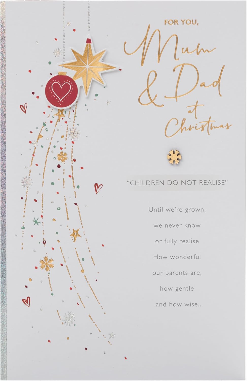 UK Greetings Christmas card for Mum and Dad with a festive baubles design, featuring colorful holiday decorations.