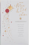 UK Greetings Christmas card for Mum and Dad with a festive baubles design, featuring colorful holiday decorations.