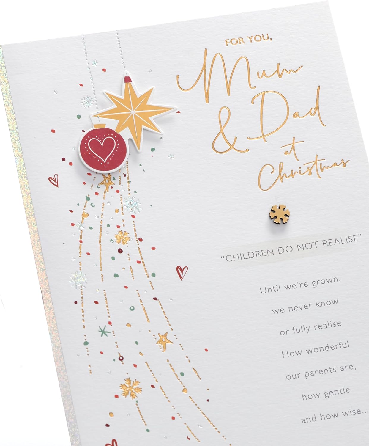 UK Greetings Christmas card for Mum and Dad featuring festive baubles design, perfect for holiday greeting messages.