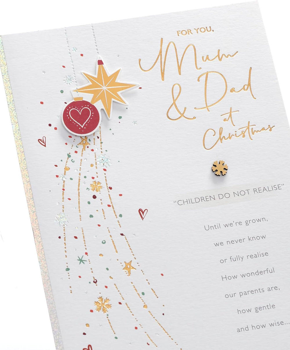 UK Greetings Christmas card for Mum and Dad featuring festive baubles design, perfect for holiday greeting messages.