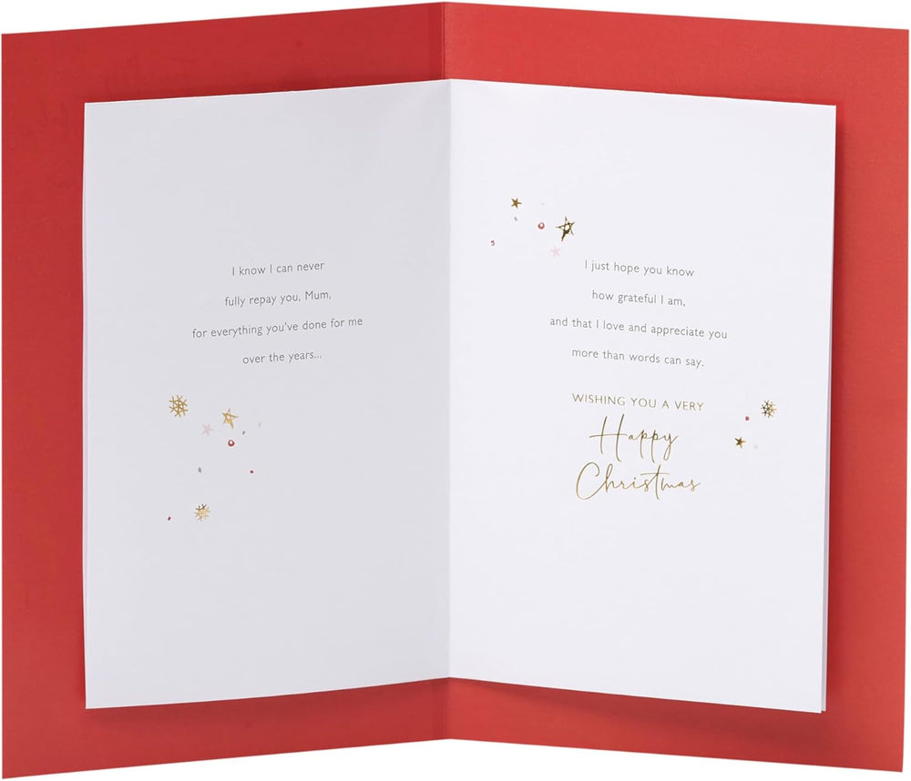 UK Greetings Christmas card for mum with heartfelt design, featuring festive imagery and warm holiday message.