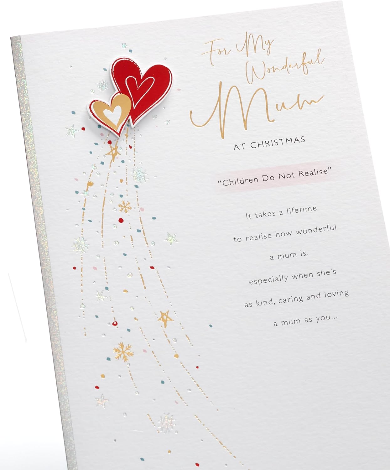 UK Greetings Christmas card for mum featuring a heartfelt design, showcasing festive imagery on the front of the greeting card.