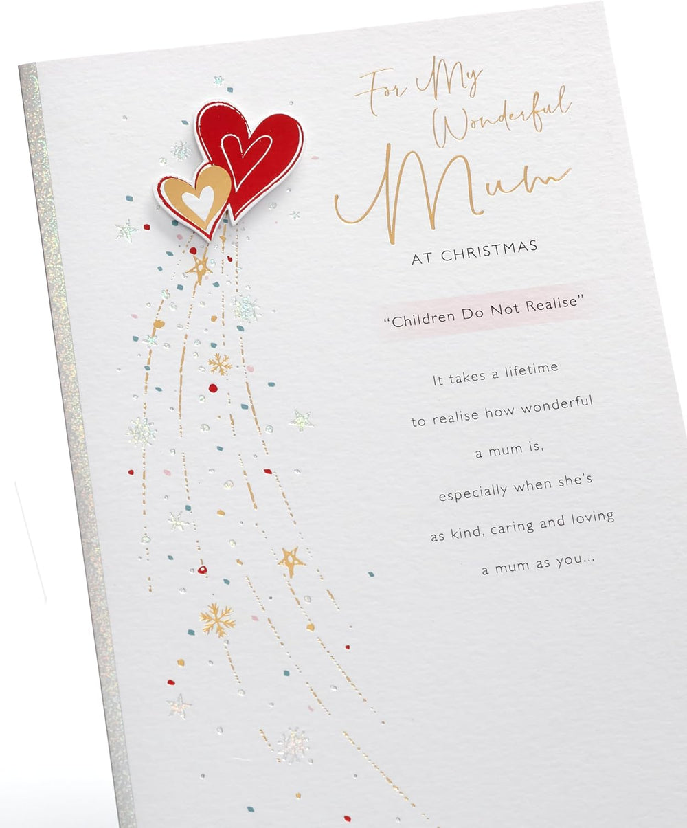 UK Greetings Christmas card for mum featuring a heartfelt design, showcasing festive imagery on the front of the greeting card.