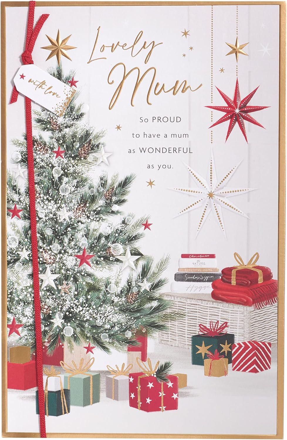 UK Greetings Christmas card for Mum featuring a tree and presents design, perfect for holiday greeting occasions.
