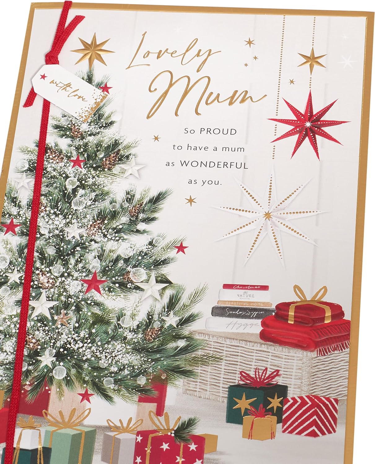UK Greetings Christmas card for mum featuring a festive tree and presents design, perfect for holiday greetings.