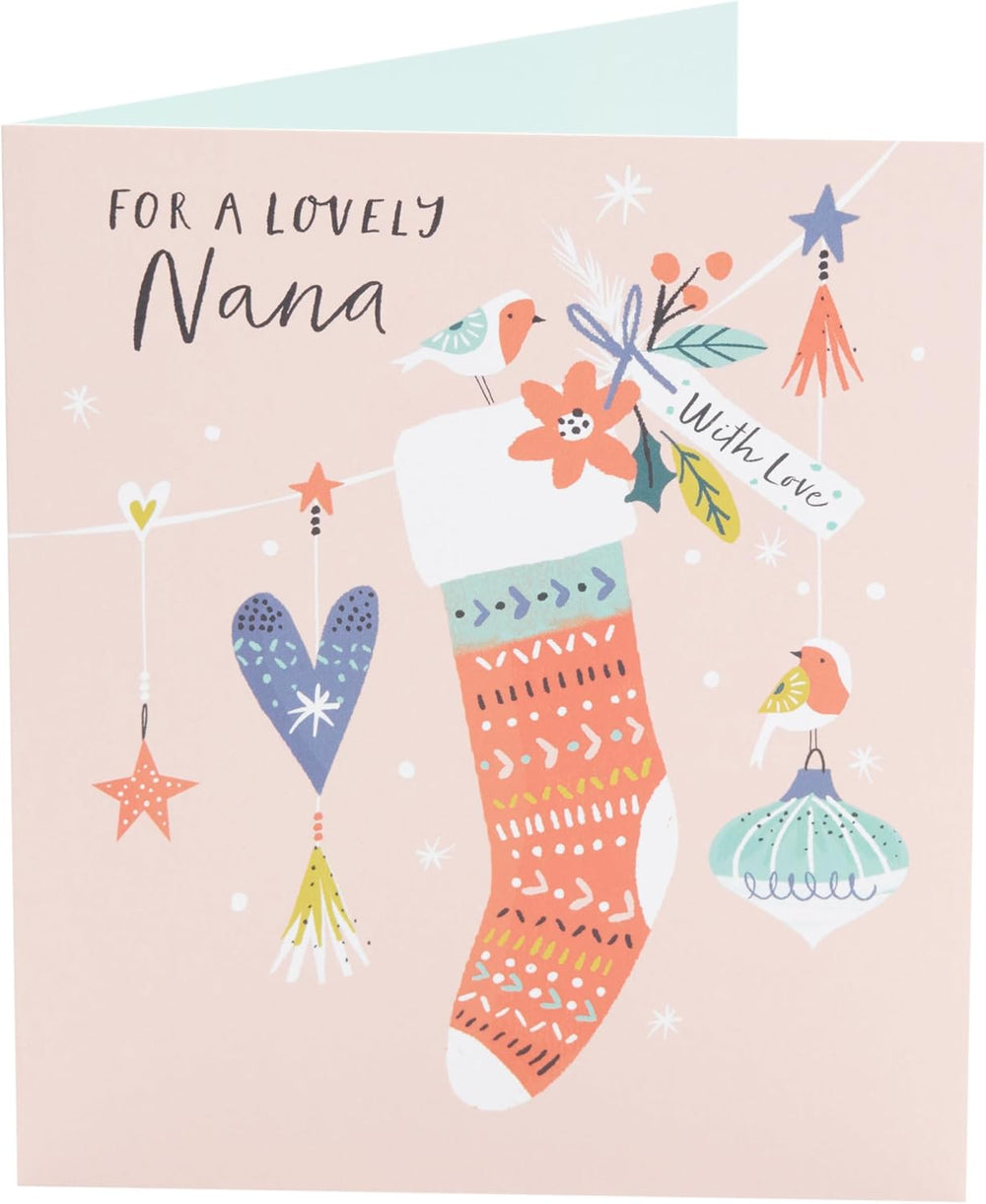 UK Greetings Christmas card for Nana featuring a lovely pink design with festive holiday imagery.
