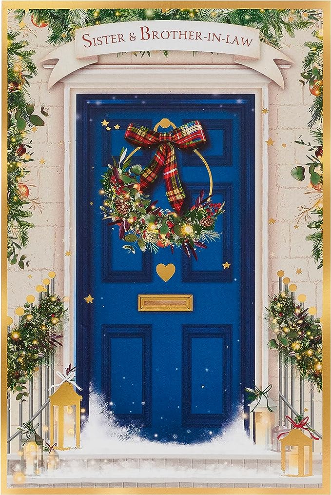 UK Greetings Christmas card for sister and brother-in-law featuring a festive blue door design, perfect for holiday greetings.
