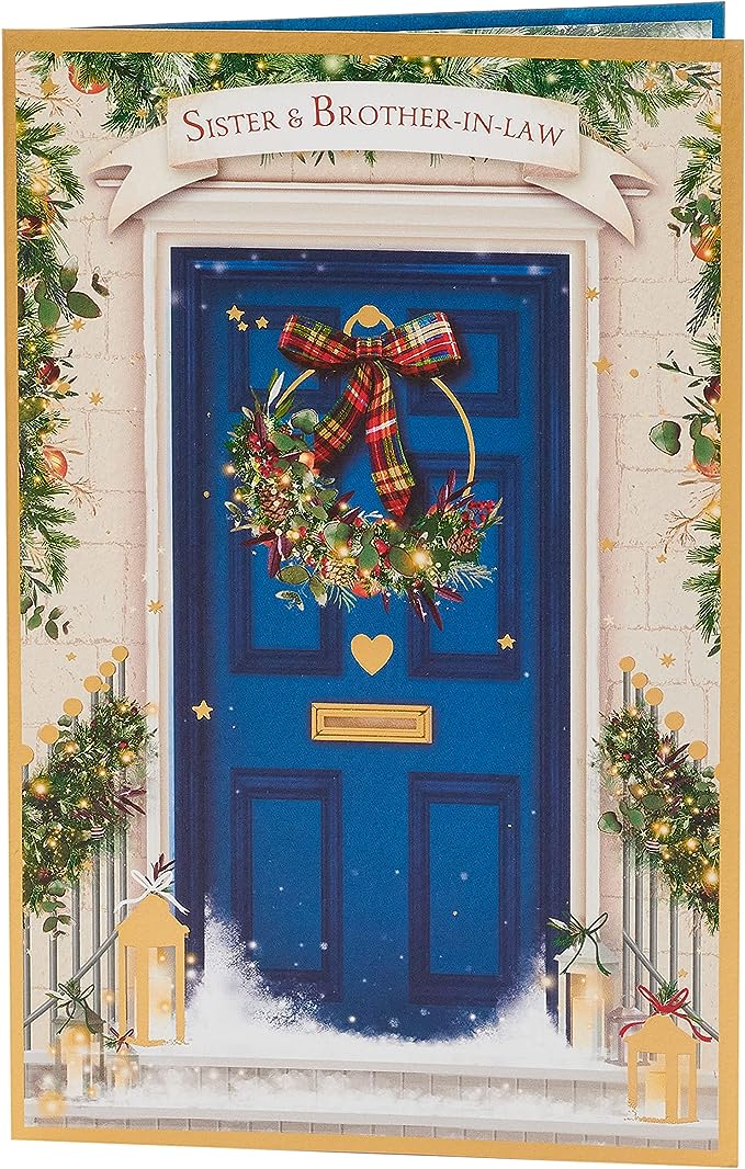 UK Greetings Christmas card for sister and brother-in-law featuring a blue door design, perfect for holiday greetings.