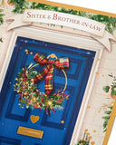 UK Greetings Christmas card for sister and brother-in-law featuring a blue door design, perfect for holiday greetings.