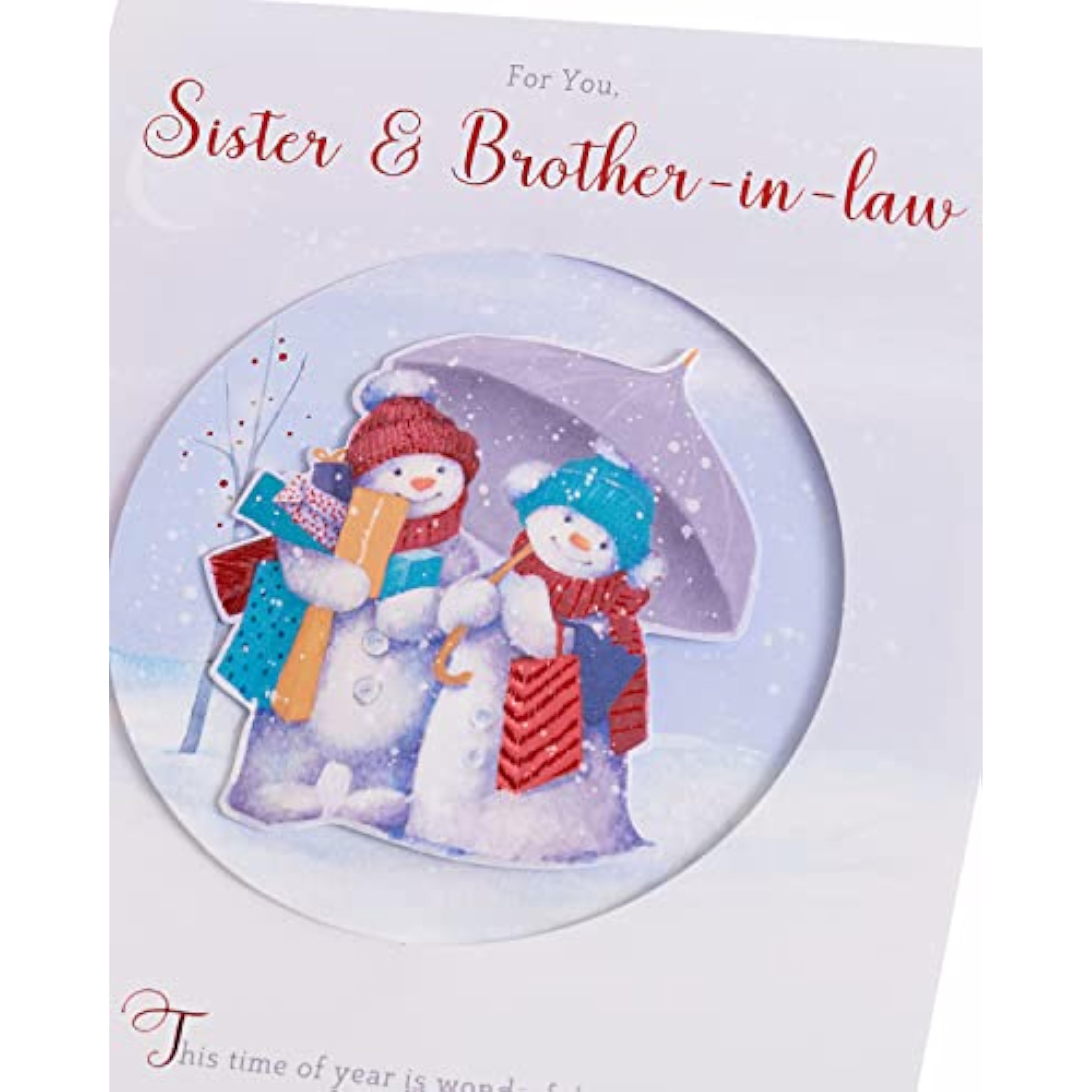 UK Greetings Christmas card for sister and brother-in-law featuring a snow couple design, perfect for holiday greetings.