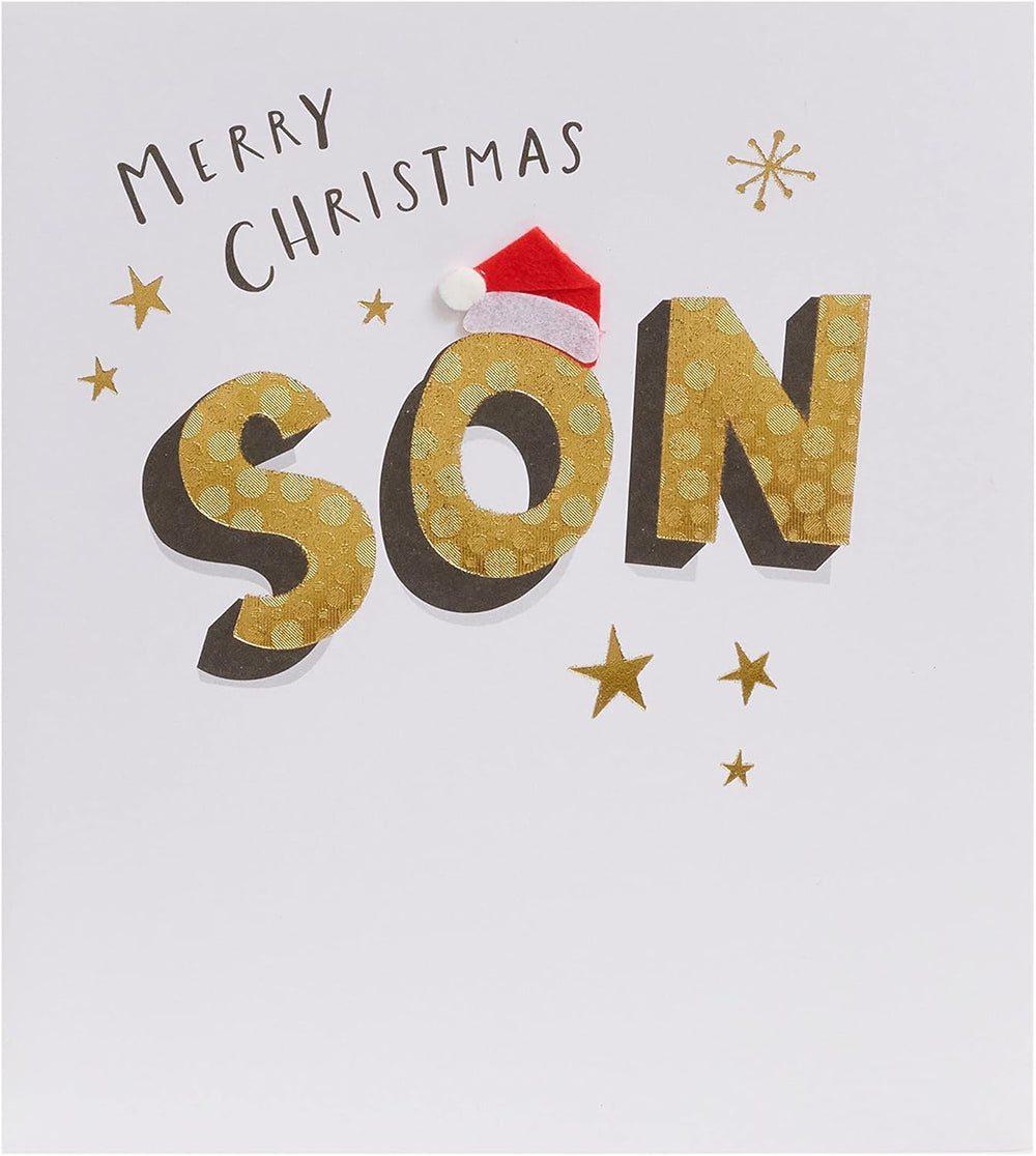 UK Greetings Christmas card for son featuring elegant gold lettering design, designed for festive holiday greetings.